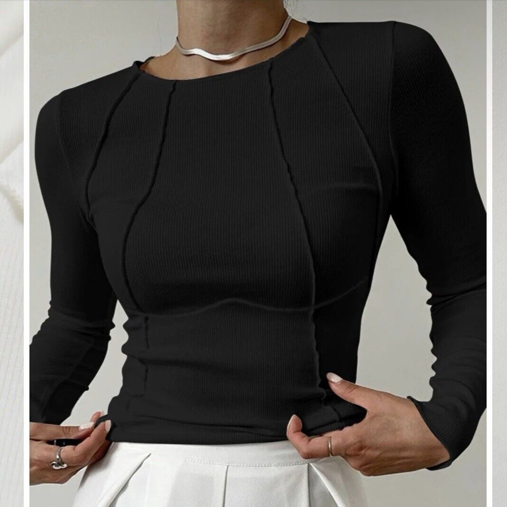 NWT Commense Top Womens M Basic Piping Long Sleeve Black Round Neck Fitted